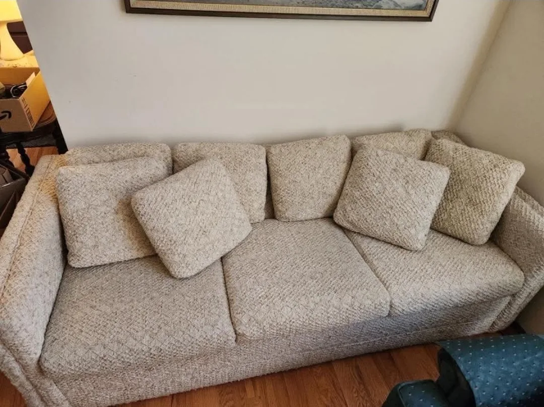 A sofa with cushions in a living room before a move